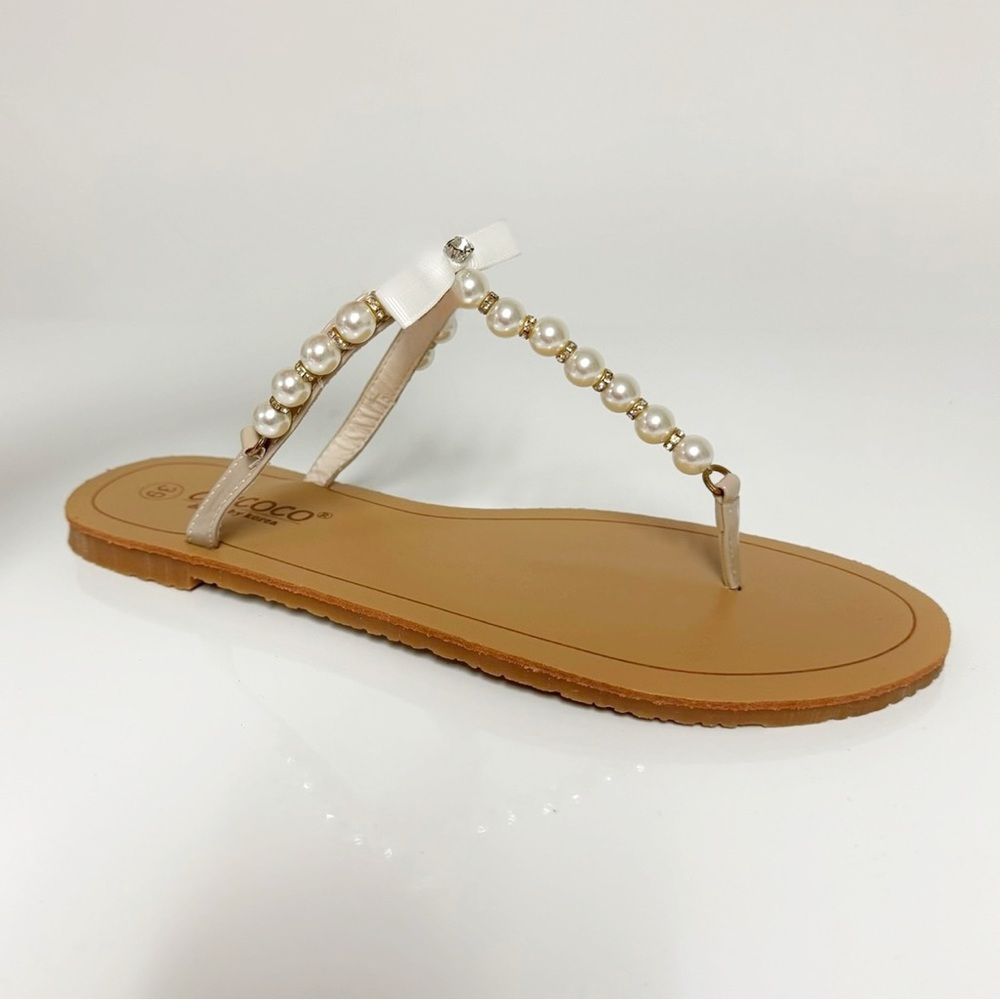 Pearl Embellished Bow Cream Tan Flat Sandals Gold Crystal Thong